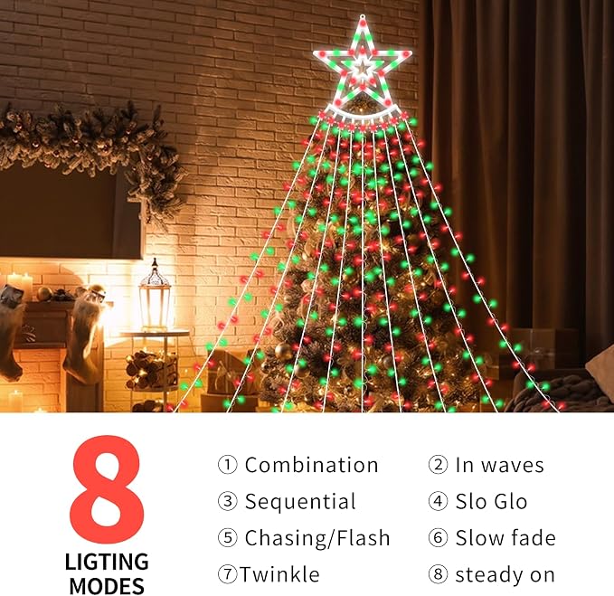 350 LED Christmas Decorations Star String Lights Waterproof Waterfall StarLights 8 Light Modes Remote & Timer,Waterproof Seasonal Lighting Decor for Home Xmas Tree Yard Wedding Party (Red&Green)