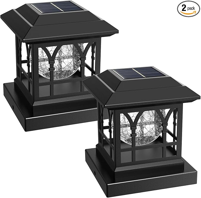 Fence Post Solar Lights, Crackle Glass Solar Post Cap Lights, 20 Lumens, Warm White & RGB Automatic Cycling 2 Modes for 3.6x3.6 4x4 4.5x4.5 5x5 Vinyl Wooden Posts Decoration, Black (2 Pack)