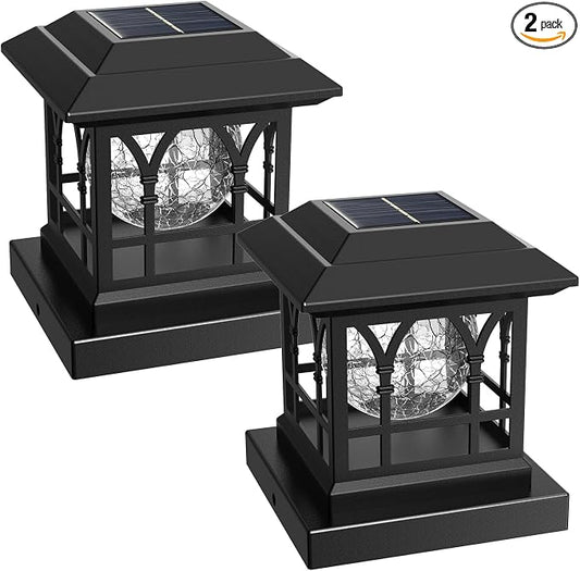 Fence Post Solar Lights, Crackle Glass Solar Post Cap Lights, 20 Lumens, Warm White & RGB Automatic Cycling 2 Modes for 3.6x3.6 4x4 4.5x4.5 5x5 Vinyl Wooden Posts Decoration, Black (2 Pack)