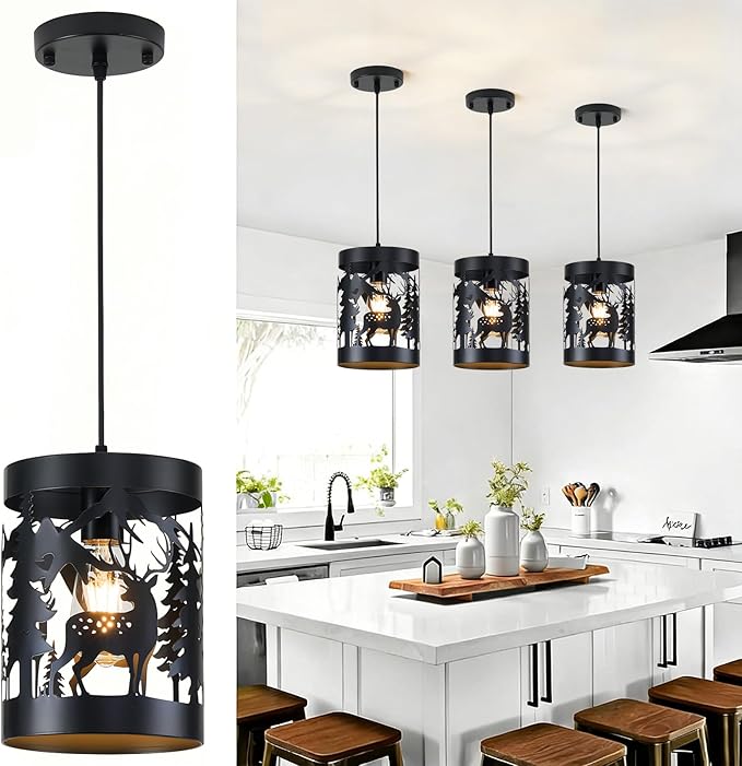 Rustic Deer Pendant Light Fixtures, 1-Light Round E26 Base Cage Metal Fixture Adjustable Hanging Height for Kitchen Island, Hallway, Bar, Dining Room, Foyer, Bedroom(No Bulb Included)