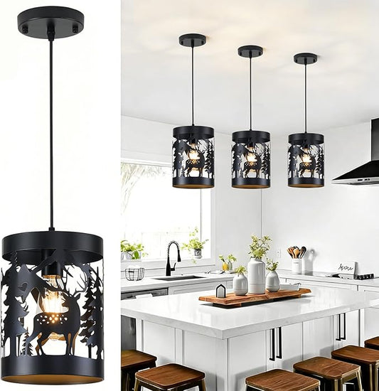 Rustic Deer Pendant Light Fixtures, 1-Light Round E26 Base Cage Metal Fixture Adjustable Hanging Height for Kitchen Island, Hallway, Bar, Dining Room, Foyer, Bedroom(No Bulb Included)