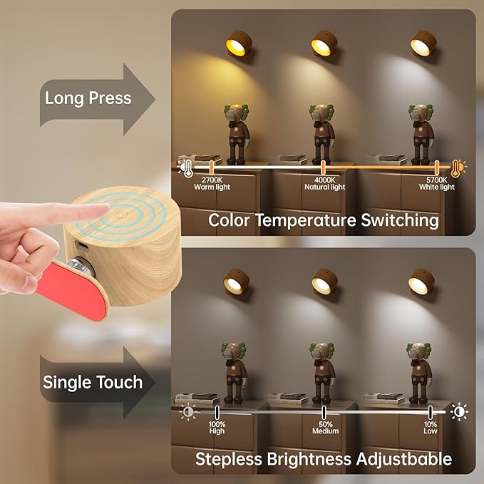 Deyagoo 2PACK LED Wall Sconce - Rechargeable Cordless Wall Light, 3 Colors & 3 Brightness Levels, 360° Magnetic Rotating Head, Bedside Reading Lamp, Easy Install Battery Operated Lamp Wood