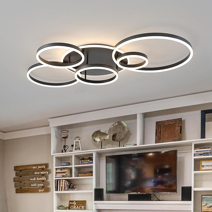 O'NEELDY Black Flush Mount Ceiling Light Dimmable Dining Room Light Fixture Round 6 Rings Modern LED Ceiling Light with Remote Control 47" Kitchen Lighting Fixture Ceiling Lamp for Living Room,Bedroom