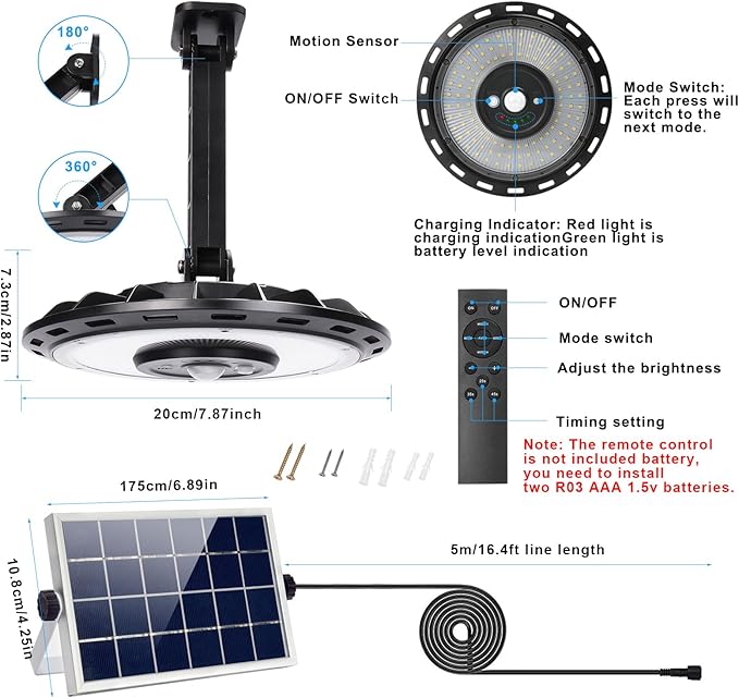 INDARUN Solar Shed Light Indoor Outdoor, Solar Motion Lights with 5 Modes, Up to 3000LM, Waterproof Pendant Barn Lights for Porch, Chicken Coop, Garage, Gazebo Lighting