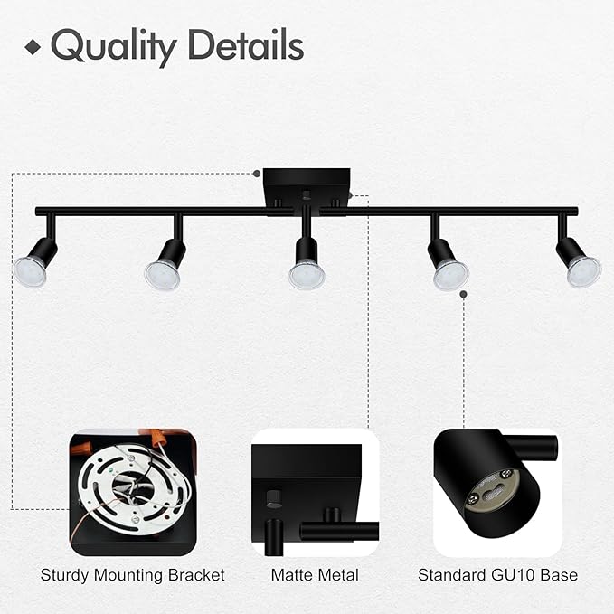 BoostArea 5 Light Track Lighting Fixtures Ceiling, Matte Black Kichen Track Lighting, Rotatable Light Heads, Adjustable Modern Directional Ceiling Light for Kitchen,No Bulbs