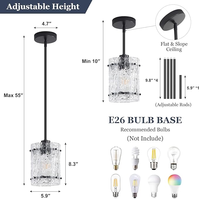 Black Glass Pendant Lights Kitchen Island, Water Ripple Round Pendant Lights Adjustable Modern Hanging Pendant Light Fixtures for Kitchen Island Dining Room Above Sink Foyer Entryway 2 Pack