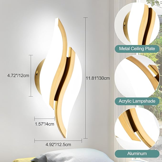 CANEOE Modern LED Wall Sconce 6000K Gold Indoor Wall Light Fixtures Acrylic Wall Sconce Lighting for Living Room Bedroom Bedside Bathroom Hallway Stairway Wall Lamp (Gold, 1 Pack, 6000K)