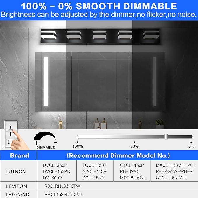 SOLFART Dimmable LED Vanity Lights for Bathroom, Modern Black Bathroom Vanity Lights Over Mirror, 5 Lights Bath Lighting Cool Light 6000K