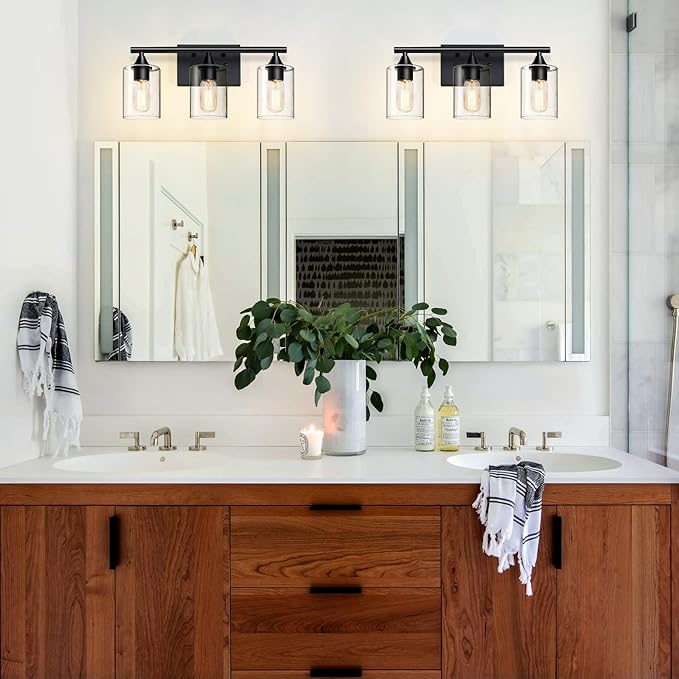 Bathroom Lighting Fixtures Over Mirror,3-Light Black Bathroom Vanity Light,Sconces Wall Lighting with Clear Glass Shade,Light Fixture for Bedroom Living Room Vanity Table Hallway