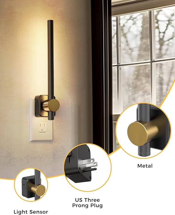 L LOHAS LED Night Light, Night Lights Plug into Wall, Dimmable Night Light 0-200LM, Nightlight Black and Gold Vanity Light Bar for Bathroom Bedroom, Soft White 3000K, Dusk to Dawn Sensor, 1Pack