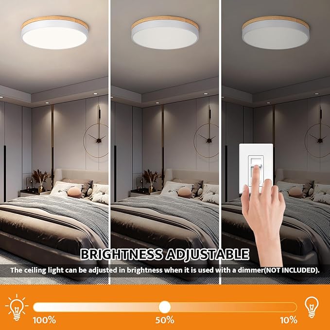 Yiisem Dimmable Wood LED Flush Mount Ceiling Light, 5CCT 2700K-6000K Modern Round Close to Ceiling Lighting Fixtures, Minimalist White Ceiling Lamp for Living Room, Bedroom, Laundry Room