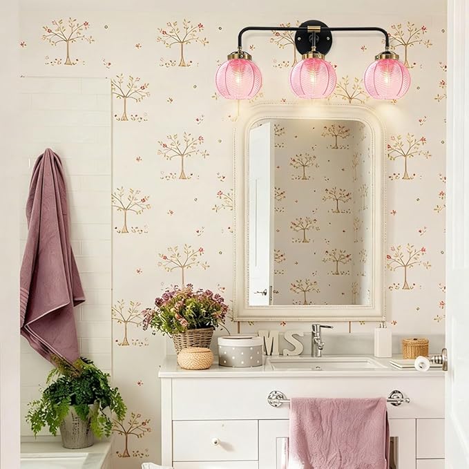 Modern Bathroom Light Fixture Pink Wall Lights with Ribbed Glass Shade 3-Lights Vintage Black Vanity Light Over Mirror Wall Sconce Decor Lighting Fixtures for Bath Farmhouse Bedroom