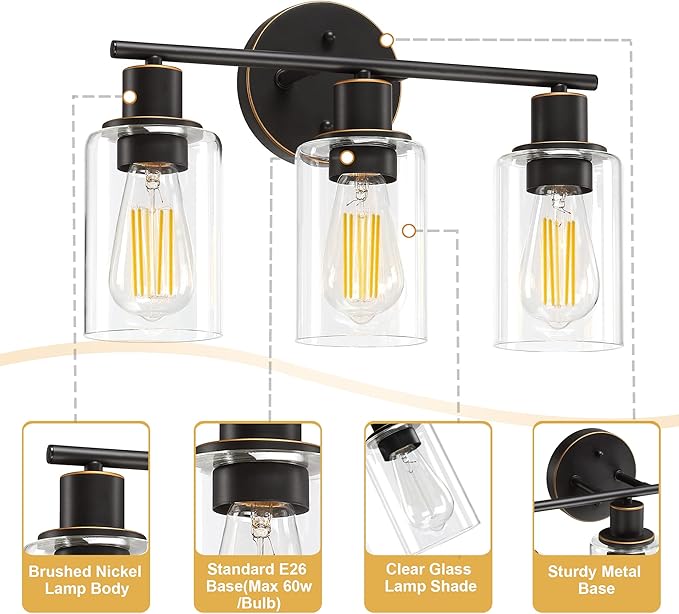 Pia Ricco Bathroom Vanity Light Fixtures, 3-Light Bathroom Wall Lights with Clear Glass Shades, Oil Rubbed Bronze Modern Vanity Light Over Mirror, Wall Sconces for Living Room Bedroom Hallway