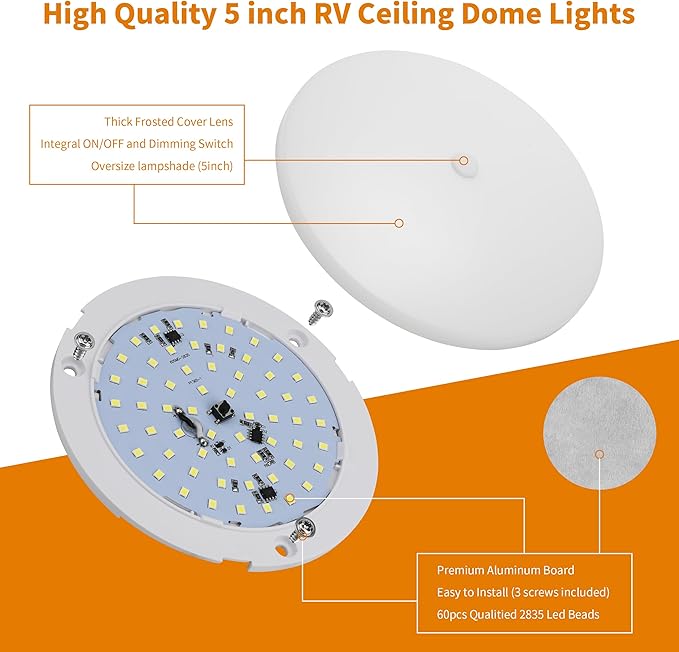 RVZONE RV Lights Interior, 5 Inch RV LED Ceiling Puck Light Dimmable 12 Volt LED Lights, 12V RV Puck Lights Led 4.5W Milky Frosted RV Ceiling Dome Light for Camper Van Trailer Boat