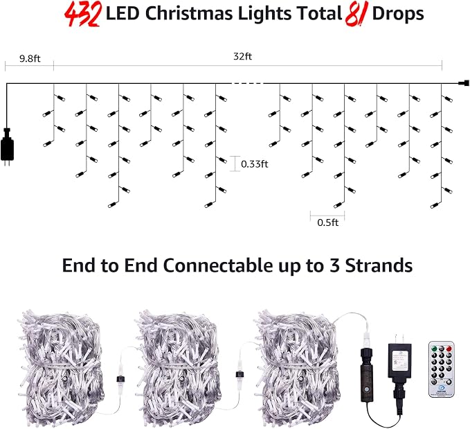 WBao Christmas Lights Outdoor, 432 LED 33FT Icicle Lights with 81 Drops, Remote Control, 3 Timer Settings, 8 Modes, Waterproof, Connectable Fairy Lights for Wedding, Holiday Eaves Decor, Cool White