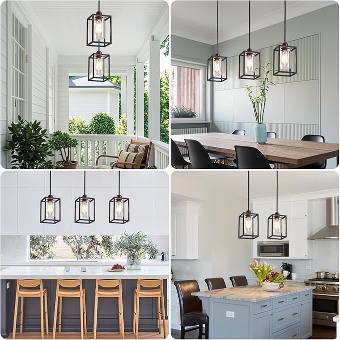 3 Pack Stem Rod Black Pendant Lights for Kitchen Island Industrial Lantern Pendant Light Fixtures with Clear Glass Shade, Farmhouse Adjustable Height Hanging Pendant Lighting