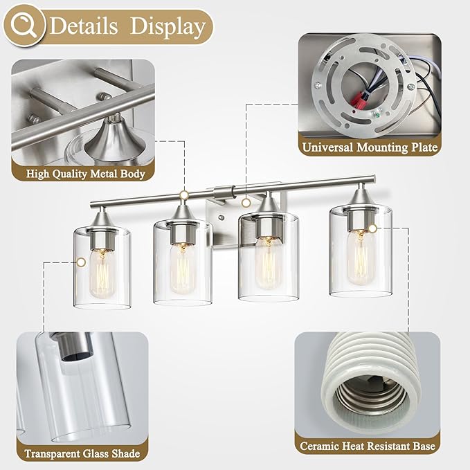 4-Light Bathroom Light Fixtures,Brushed Nickel Vanity Lighting Fixtures,Modern Wall Lighting Sconces for Mirror Bedroom Living Room Vanity Table Hallway