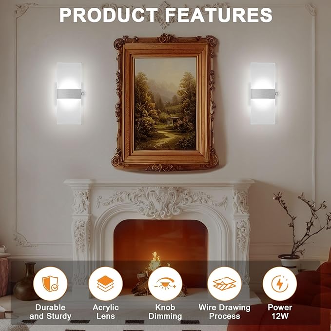 LIGHTESS Dimmable Wall Sconces Set of 2 with Dimmer Switch, Modern LED Wall Lamp 12W for Hallway Bedroom Living Room, Cool White, HS821-2