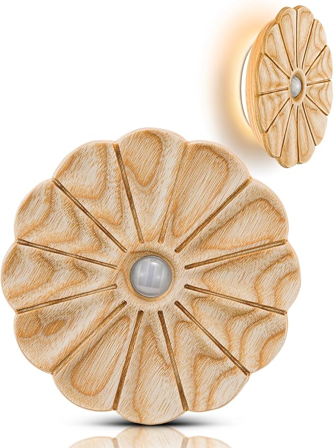 Night Light Wooden Carved Flower Mini USB Rechargeable Motion Sensor Nightlights Magnetic Wall Light for Hallway, Bedroom, Living Room, Stair, Ash Wood