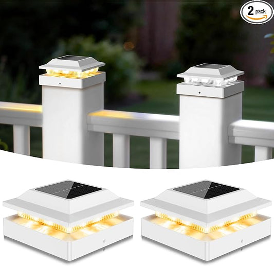 Solar Post Cap Lights 2-Pack, IP65 Waterproof Fence Post Solar Lights for 4x4 Wood/Vinyl Posts, Outdoor Post Lights with 2 Color Modes Decorate Garden Patio Porch Backyard, White