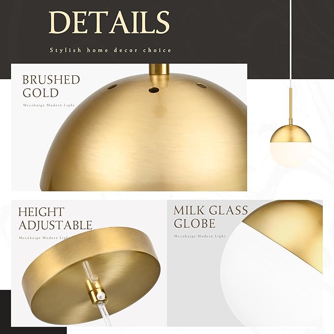 6 Inch Gold 2 Pack Mid Century Modern Pendant Light Pendants for Kitchen Island Frosted Milky White Glass Globe Height-Adjustable Modern Hanging Globe Pendant Light for Bedroom (Bulb Incl)