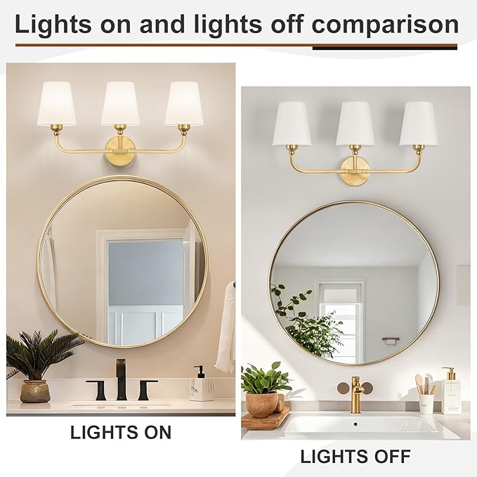 Bathroom Vanity Light, Brushed Gold Bathroom Light Fixtures, 3-Light Lighting Fixtures Over Mirror, Modern Wall Sconce with Flared White Fabric Shade, E26 Socket(ETL Listed)