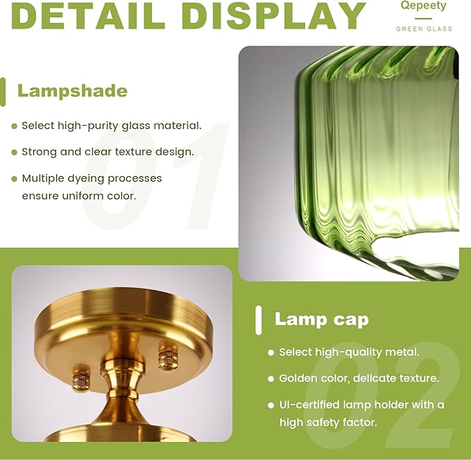Green Semi Flush Mount Ceiling Light Set of 2 Mid Century Modern Ceiling Light Fixture Vintage Gold Chandelier Farmhouse Close to Ceiling Light Fixtures for Living Room, Bedroom, Entryway