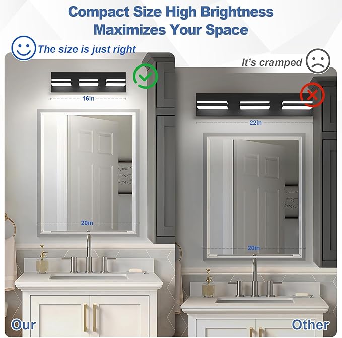 Modern LED Small Bathroom Lights Fixtures 3-Light,Metal Black Acrylic Wall Lighting,Vanity Lights for Bathroom Over Mirror 6000K 16in