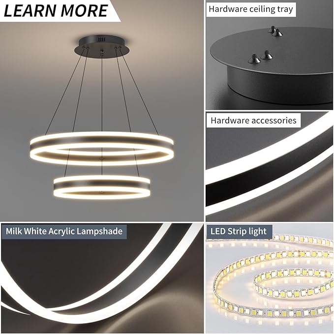 LED Modern Pendant Chandelier, 2 Ring Circular Black Ceiling Pendant Light Fixture, Dimmable 3000K-6500K, Adjustable Flush Mount Hanging Lights for Dining Room, Kitchen Island, Living Room, Office