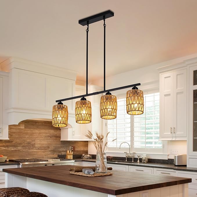 Rattan Kitchen Island Lighting,Boho Coastal Chandelier,4-Light Rustic Pendant Light for Dining Room,Height Adjustable,Black Farmhouse Woven Hanging Lights Fixture Over Table.