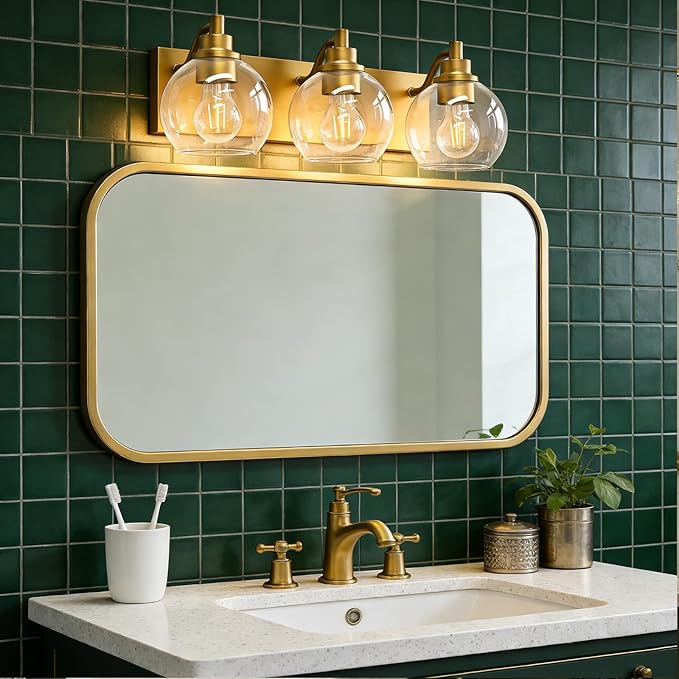 IZORRO Bathroom Light Fixtures, 3 Light Brushed Gold Vanity Light, Modern Wall Sconces with Globe Clear Glass Shade, Vanity Lighting Fixtures Over Mirror,E26 Bulb Socket