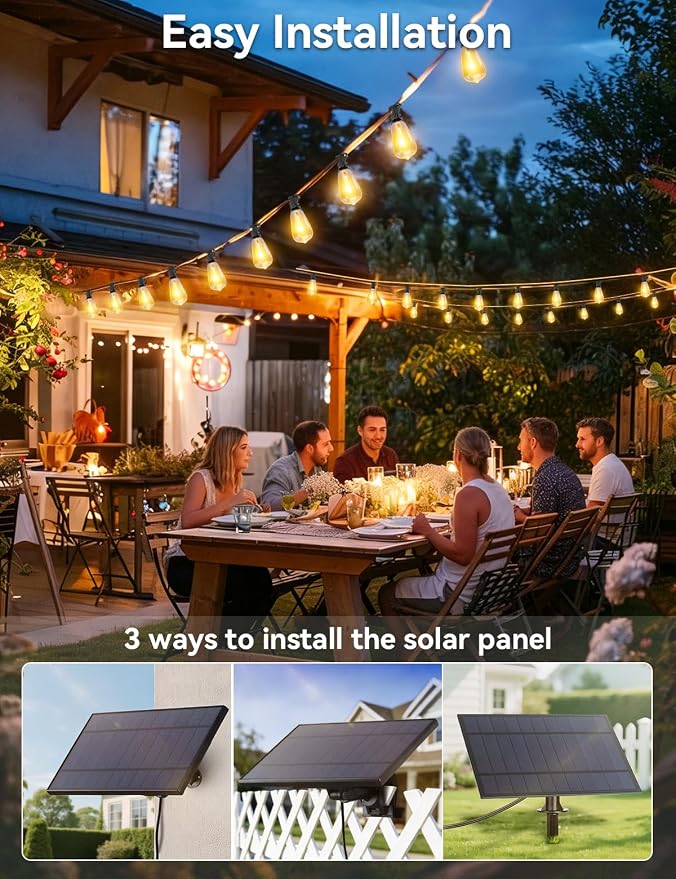 Brightever 150FT Solar String Lights Outdoor Waterproof with Remot, 55+2 Shatterproof ST38 LED Bulbs, Dimmable & 3 Lighting Modes, Warm White Solar Patio Lights for Balcony, Deck, Wedding