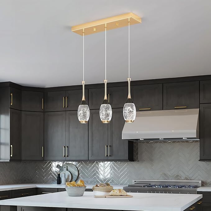 Modern Black Gold Pendant Light Dimmable LED Ceiling Light Fixtures Mini Teardrop Crystal Pendant Lighting for Kitchen Island Bedroom Hallway Entryway (3 Light，Champagne Gold)