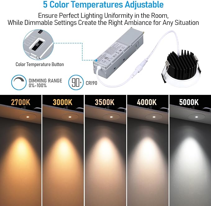 TORCHSTAR 3 Inch 5CCT LED Micro Pinhole Recessed Lights with J-Box, 24° Ultra-Narrow Trim Recessed Ceiling Spotlight, IC Rated, Dimmable, Anti-Glare, CRI 90, 2700-5000K, ETL FCC, Pack of 2