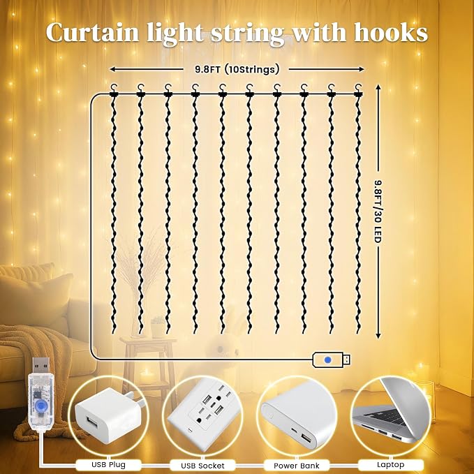 DomeStar 300 LED Curtain Lights for Bedroom, 9.8 x 9.8 FT Fairy Lights with 8 Modes Remote, Plug‑in Design for Holiday Hanging Wall Garden Party Birthday Ambient Decor (Warm White)