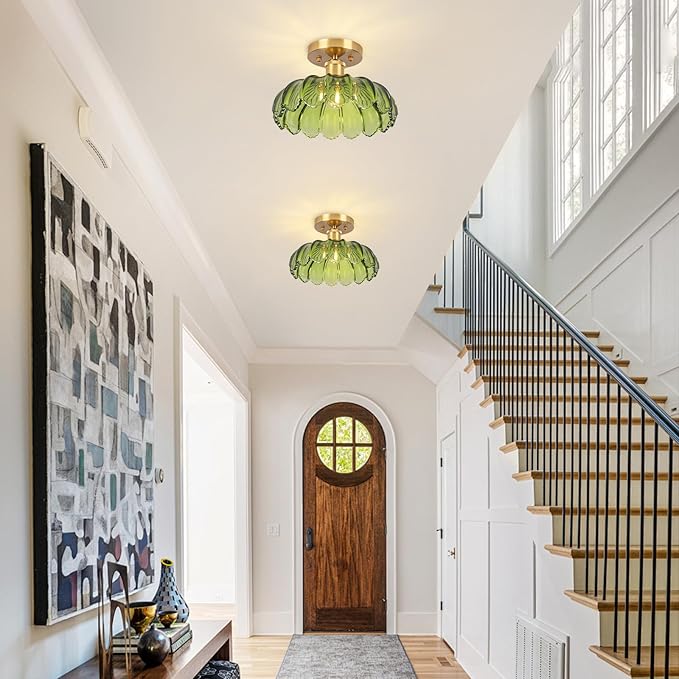 Hallway Lights Fixture Ceiling,Greem Semi Flush Mount Ceiling Lights,9.8" E26 Vintage Light Fixtures for Closet Hallway Kitchen Dining Room