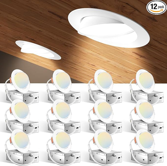 Amico 12 Pack 3 Inch 5CCT Gimbal LED Recessed Lighting, 360°&90°Adjustable Eyeball Directional Downlight, Dimmable, 2700K/3000K/3500K/4000K/5000K Selectable, 8W 600LM CRI90+, White, ETL&FCC