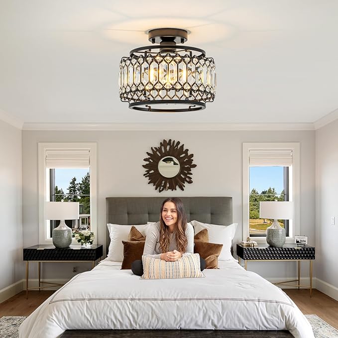 Modern Black Crystal Flush Mount Ceiling Light with LED Bulb (50% Brighter) – 11.4" Dimmable Chandelier for Dining Room, Bedroom – Reinforced Iron Frame & K9 Crystals – Easy Install