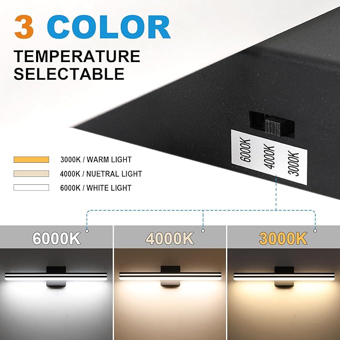 SineRise LED Modern Bathroom Vanity Light Bar (24-Inch, 3000K/4000K/6000K), Matte Black Dimmable Modern Acrylic Bathroom Wall Lighting Fixtures Over Mirror