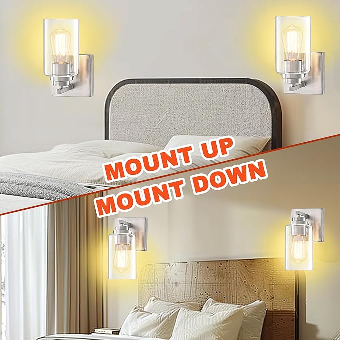 Loyareal Wall Sconces Set of Two, Brushed Nickel Wall Sconce with Rotary Switch, Sconces Wall Lighting, Bedside Wall Lamps, Light Fixtures for Bathroom Bedroom Living Room Hallway Kitchen