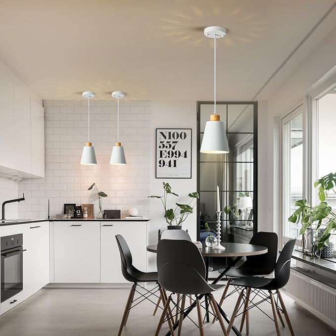3 Pack Mini White Pendant Light Kitchen Island Modern Wood Pendant Lighting Cone Hanging Lights Hollow Top Nordic Island Light for Counter, Bar, Hallway