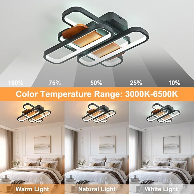 17.7" Modern Farmhouse Black LED Ceiling Light Dimmable Flush Mount Chandelier Ceiling Lights Fixtures, 3000K-6500K, Industrial Ceiling Lighting Fixture with Remote for Kitchen Bedroom,90W