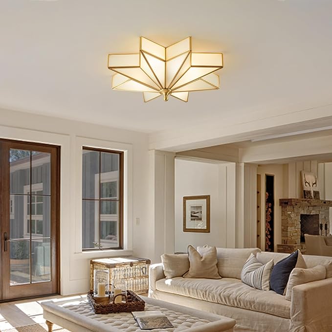 Star Brass Glass Ceiling Light - 19.7 In Large Gold Flush Mount Fixture - Art Deco Mid Century Vintage Modern Moravian Lighting Lights for Bedroom Dining Kitchen Foyer Farmhouse Living Room