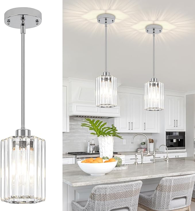 2-Pack Chrome Pendant Lights Kitchen Island Modern Crystal Hanging Pendant Light Hexagonal Mini Chandelier Adjustable Hanging Kitchen Lights for Dining Room Hallway Bedroom Entryway Light Fixture