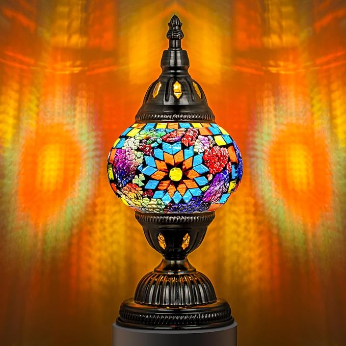 Marrakech Turkish Table Lamp with Bronze Base，Handmade Colorful Moroccan Tiffany Style Mosaic Glass Night Stand Light Fixture Including LED Bulb for Living Room Bedroom Decor (Colorful1)