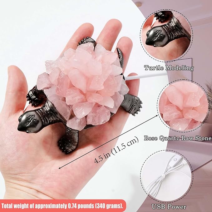 Runyangshi Natural Rose Quartz Turtle Night Lamp Healing Crystal Bedroom Bedside Table Lamp USB Port Home Decor Women Men Gift