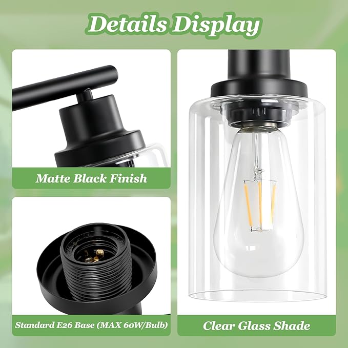 2-Light Black Bathroom Light Fixtures, E26 Modern Vanity Lights for Bathroom with Clear Glass Shade, Wall Lamps for Mirror Kitchen Hallway Cabinet Living Room Sconces Lights