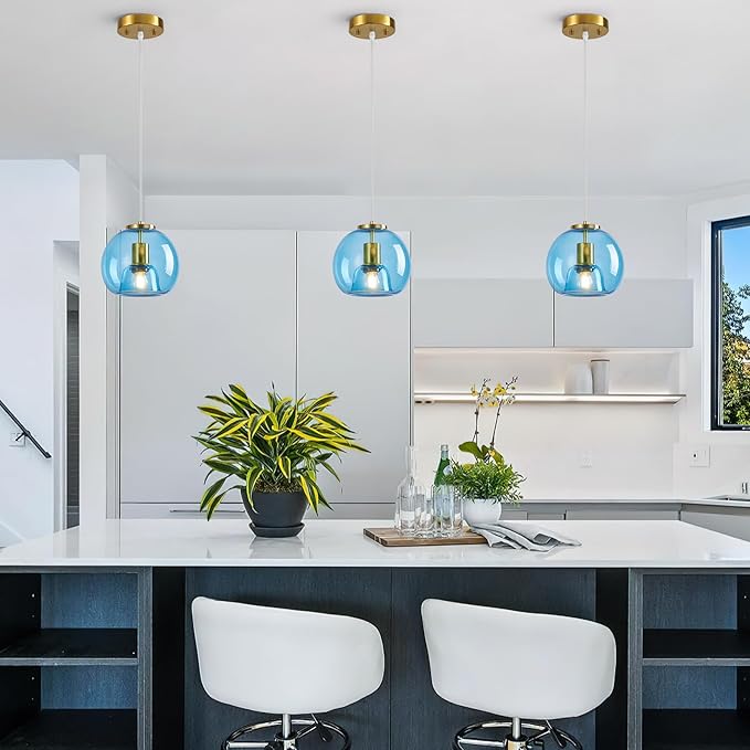 Light Blue Glass Pendant Lights Kitchen Island Gold Hanging Light Fixture Glass Globe Pendant Light Modern Pendant Lighting for Kitchen Island Bedroom Dining Room (7.87", B Style-1 Pack)