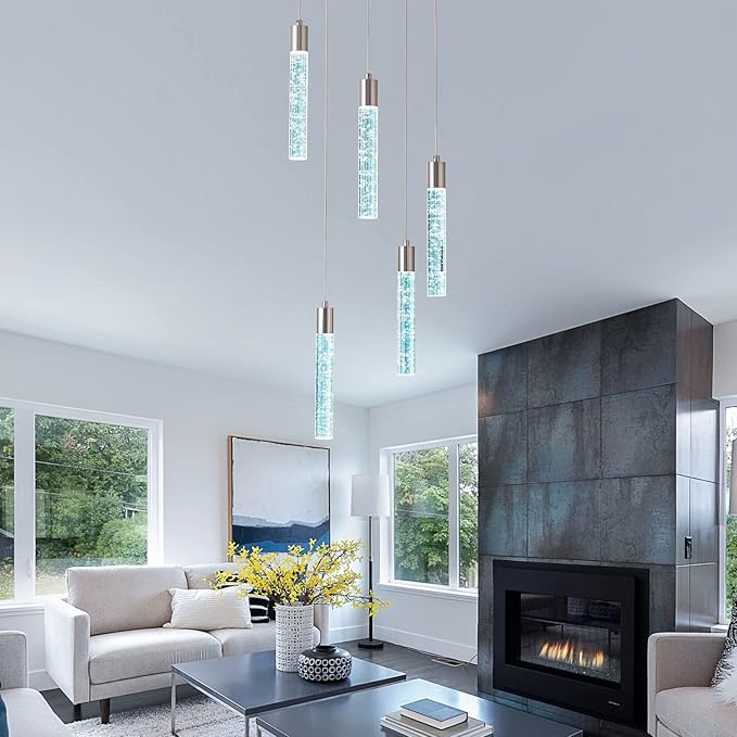 Pendant Lights Kitchen Island,Canopy Switch to dimmable 3000-4000-6000K Colors Pendant Lighting Brushed Nickel. Star Bubble Crystal Island Pendant Lighting