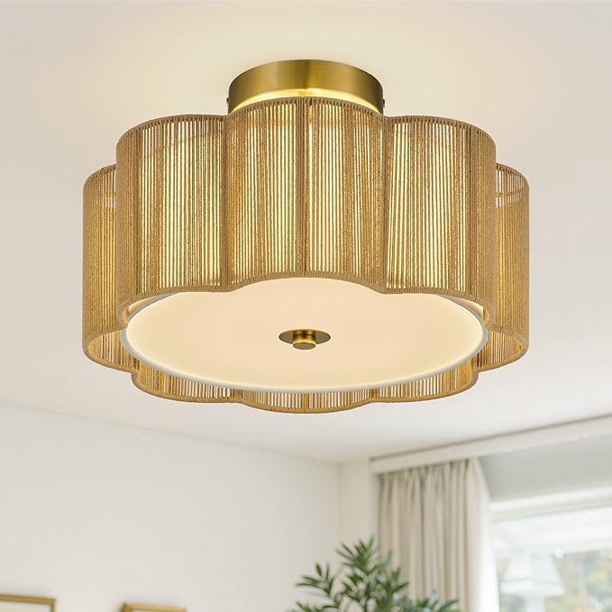 VONLUCE Semi-Flush Mount Boho Ceiling Light, 13.4" 3-Light Rattan Ceiling Light Fixture with 2 Tier Rattan Fabric Petal Shade, Lighting for Bedroom Dining Living Room, Gold Finish, ETL Certificated
